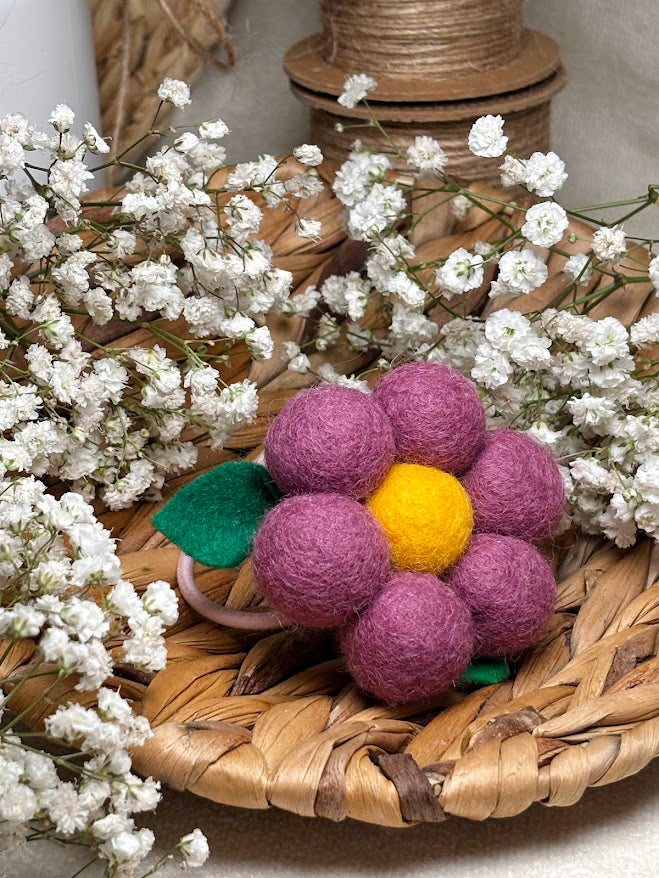 Handmade Wool Ball Flower Hair Scrunchie - Mauve
