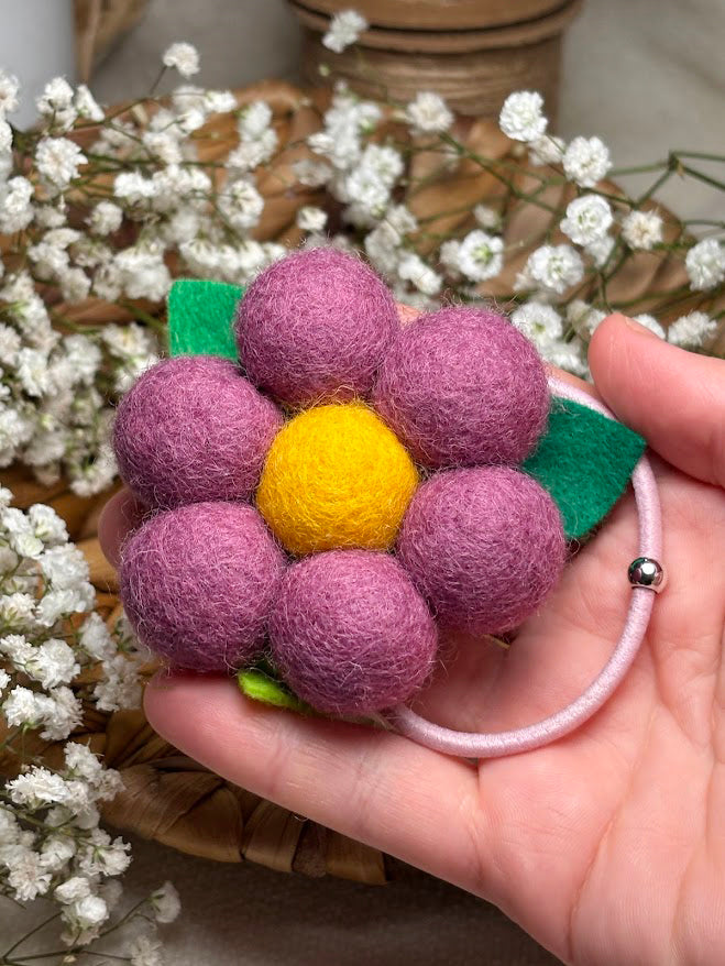 Handmade Wool Ball Flower Hair Scrunchie - Mauve