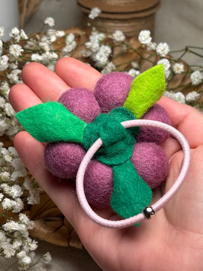 Handmade Wool Ball Flower Hair Scrunchie - Mauve