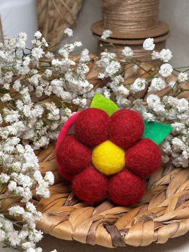 Handmade Wool Ball Flower Hair Scrunchie - Red