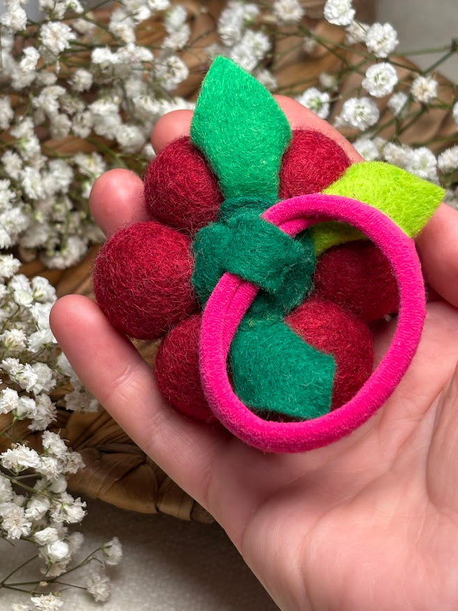Handmade Wool Ball Flower Hair Scrunchie - Red