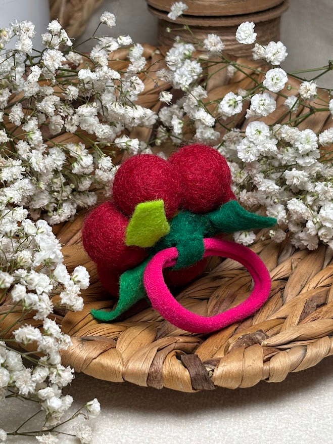 Handmade Wool Ball Flower Hair Scrunchie - Red
