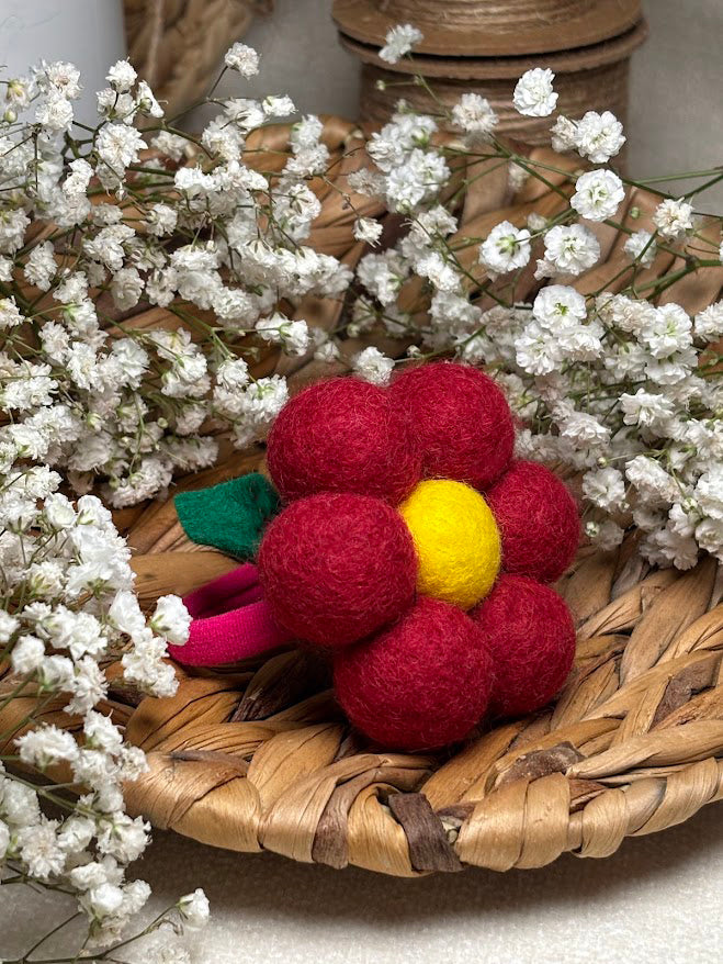 Handmade Wool Ball Flower Hair Scrunchie - Red