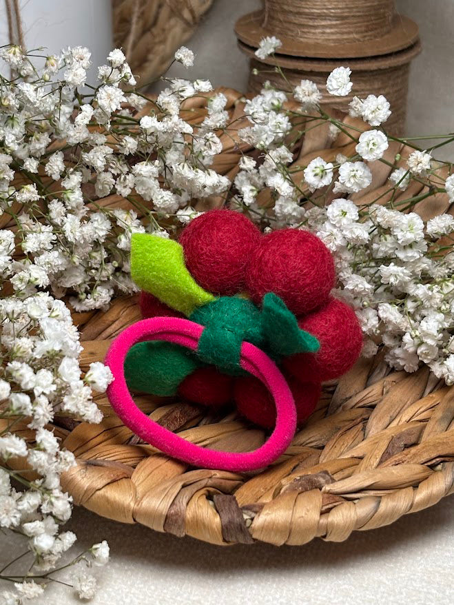 Handmade Wool Ball Flower Hair Scrunchie - Red