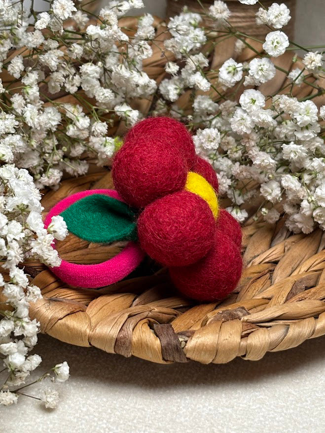 Handmade Wool Ball Flower Hair Scrunchie - Red