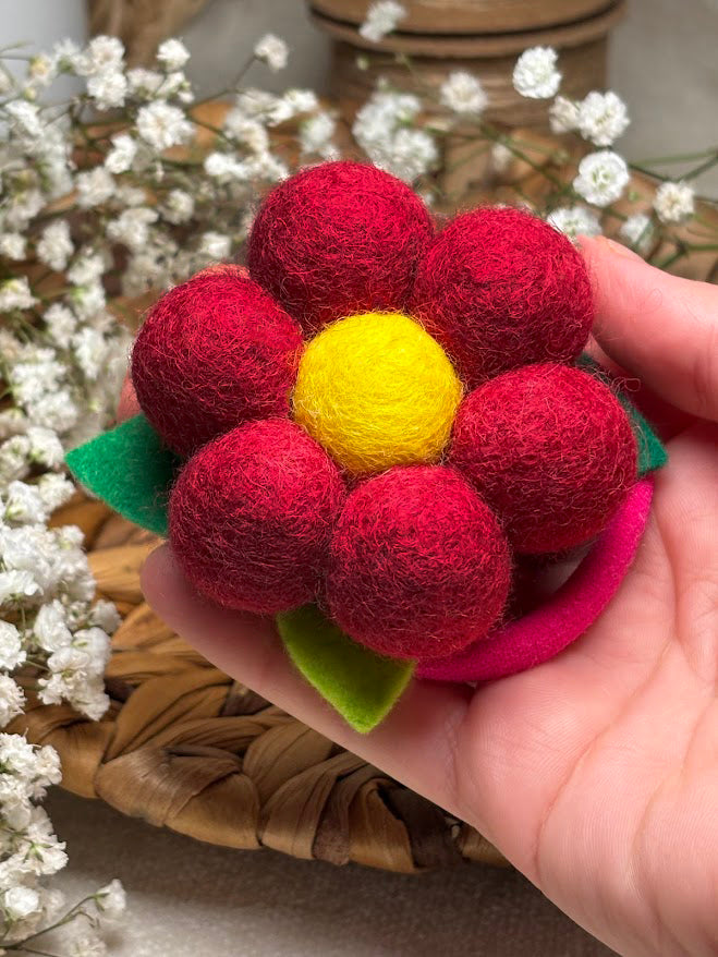 Handmade Wool Ball Flower Hair Scrunchie - Red