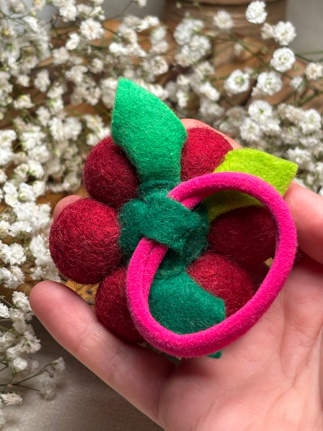 Handmade Wool Ball Flower Hair Scrunchie - Red