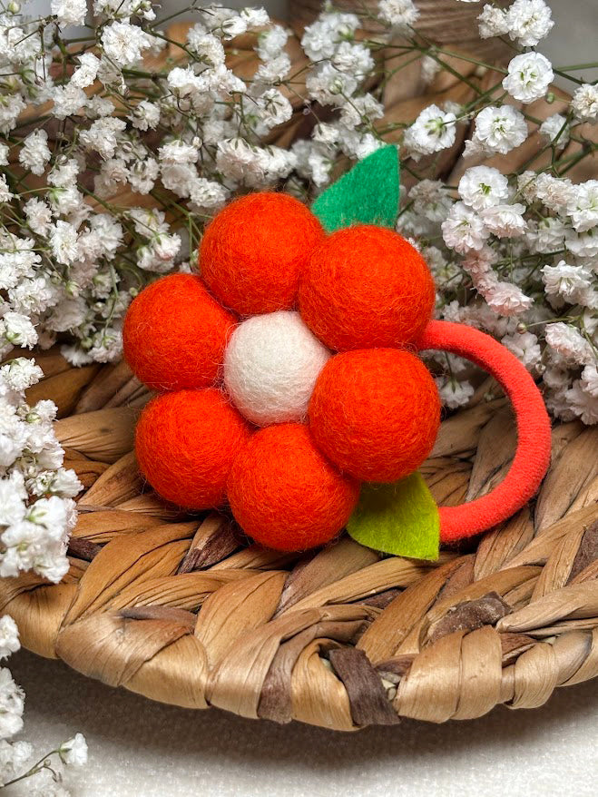 Handmade Wool Ball Flower Hair Scrunchie - Bright Orange