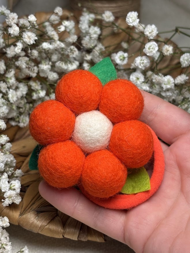 Handmade Wool Ball Flower Hair Scrunchie - Bright Orange