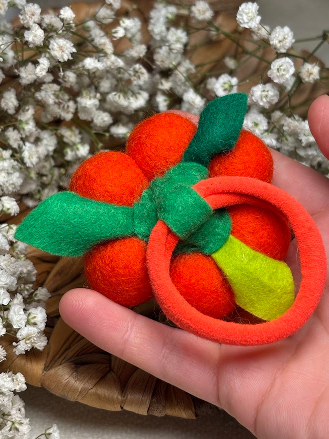 Handmade Wool Ball Flower Hair Scrunchie - Bright Orange