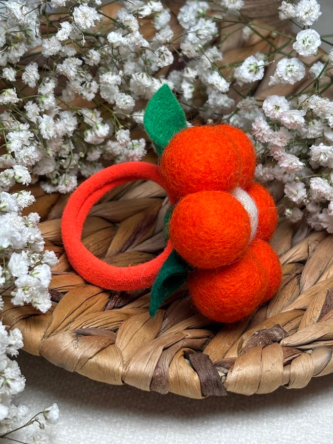 Handmade Wool Ball Flower Hair Scrunchie - Bright Orange
