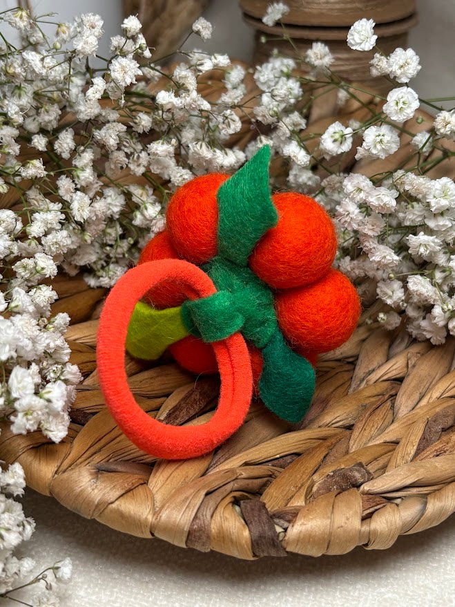 Handmade Wool Ball Flower Hair Scrunchie - Bright Orange
