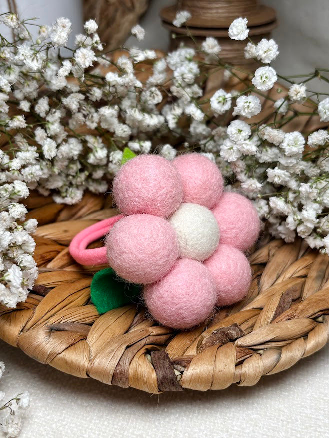 Handmade Wool Ball Flower Hair Scrunchie - Baby Pink