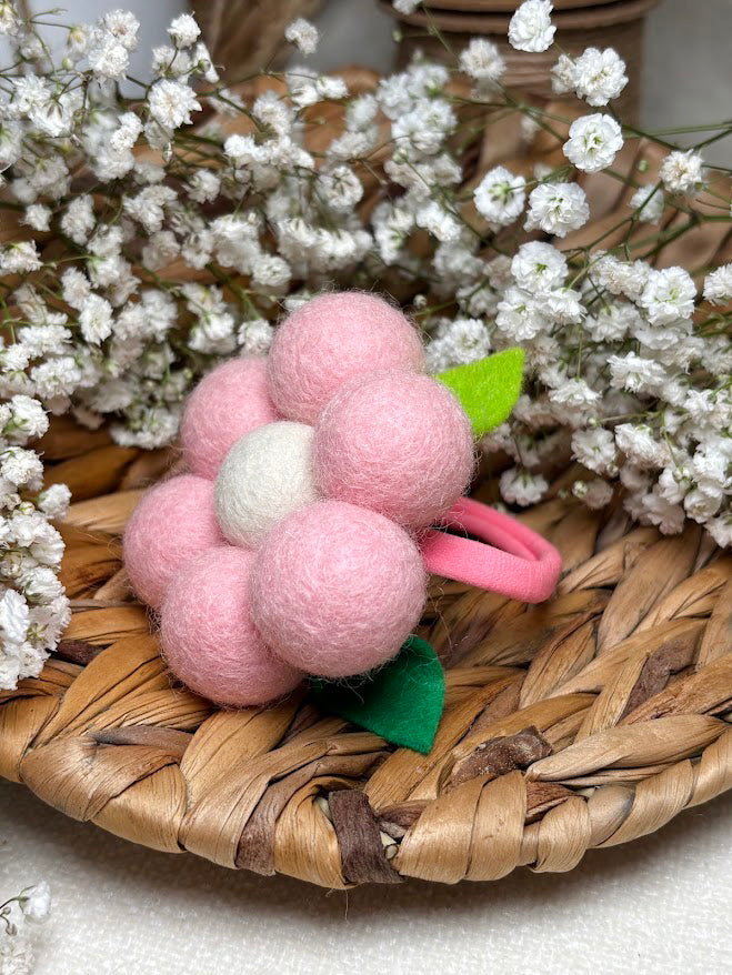 Handmade Wool Ball Flower Hair Scrunchie - Baby Pink