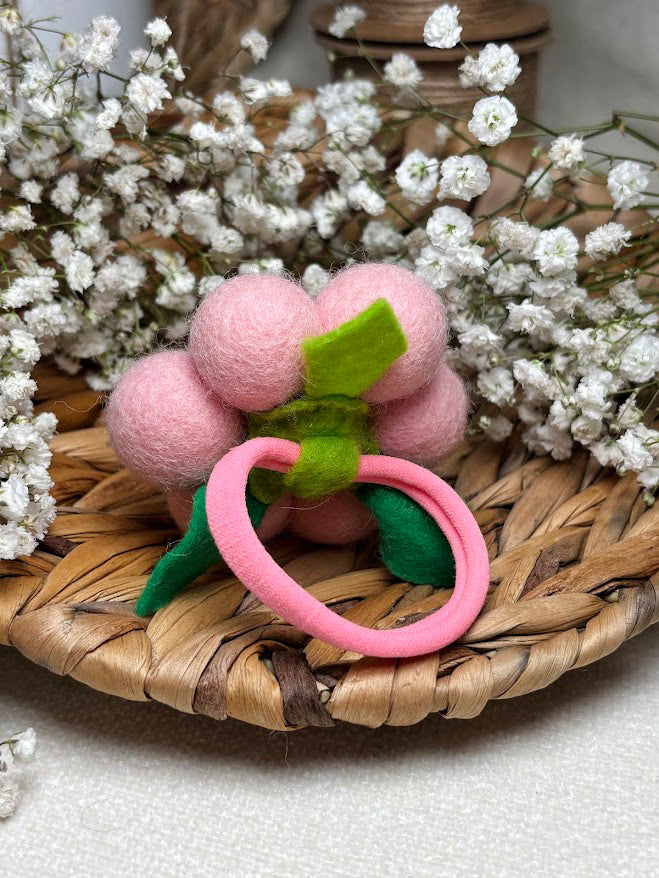 Handmade Wool Ball Flower Hair Scrunchie - Baby Pink