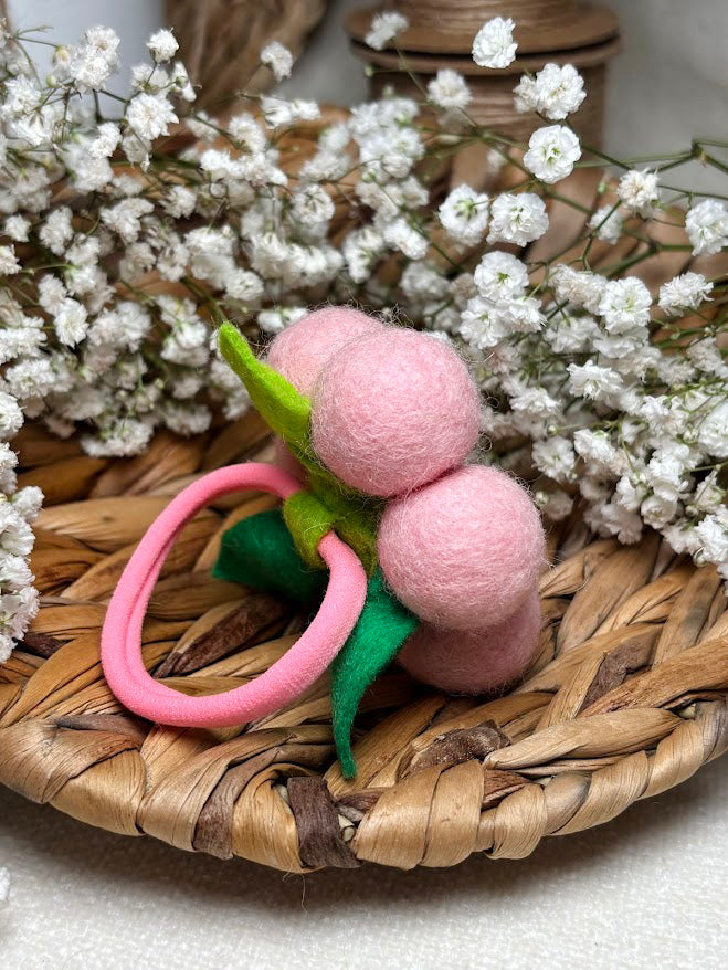 Handmade Wool Ball Flower Hair Scrunchie - Baby Pink