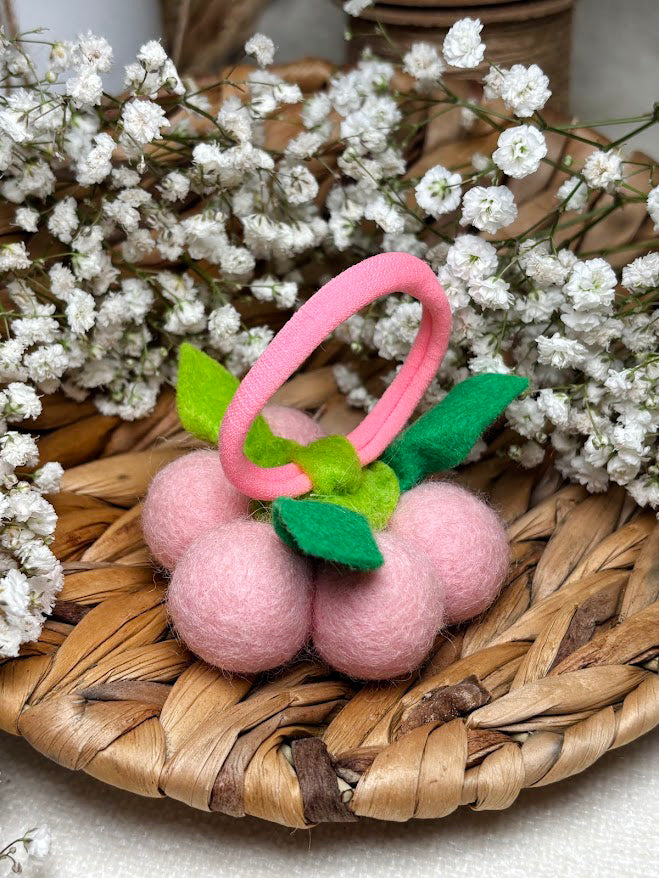 Handmade Wool Ball Flower Hair Scrunchie - Baby Pink