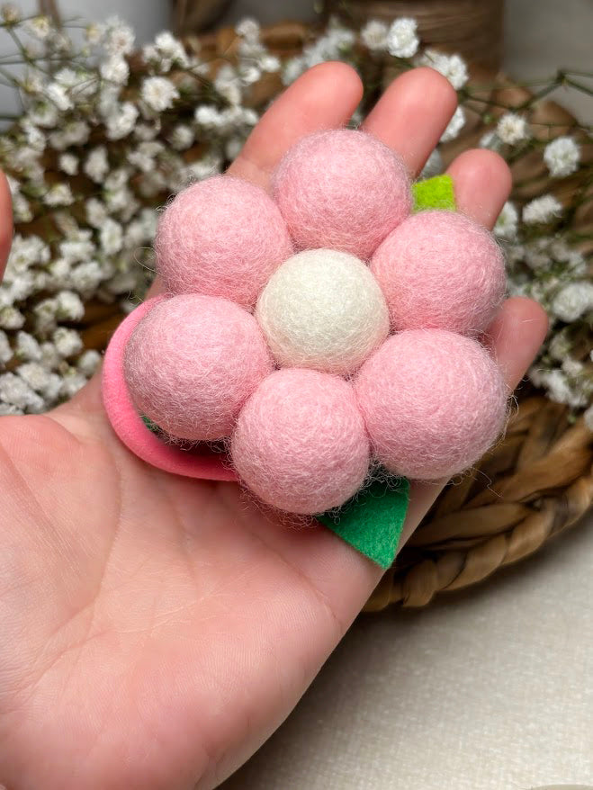 Handmade Wool Ball Flower Hair Scrunchie - Baby Pink