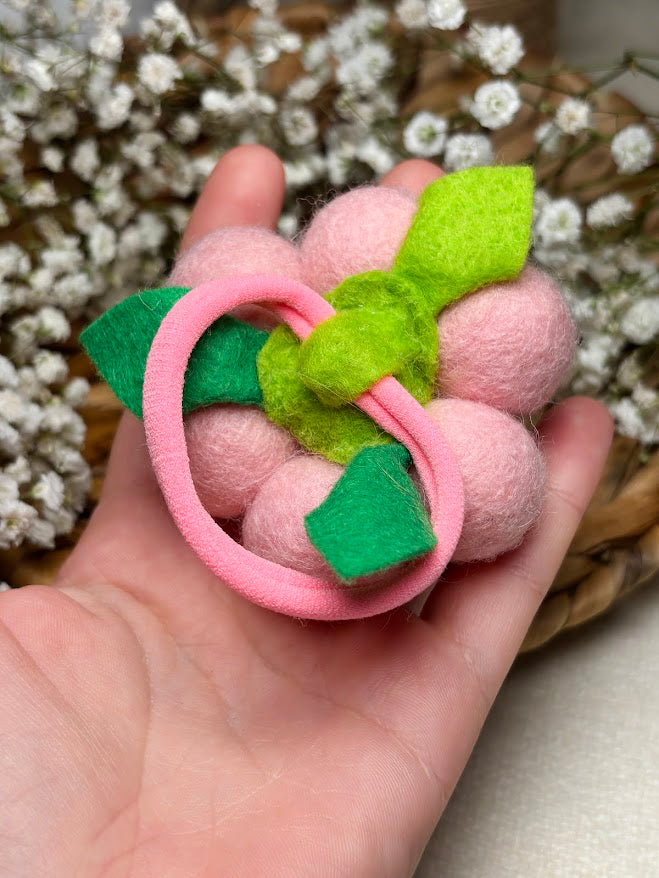 Handmade Wool Ball Flower Hair Scrunchie - Baby Pink