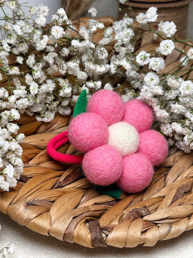 Handmade Wool Ball Flower Hair Scrunchie - Dust Pink