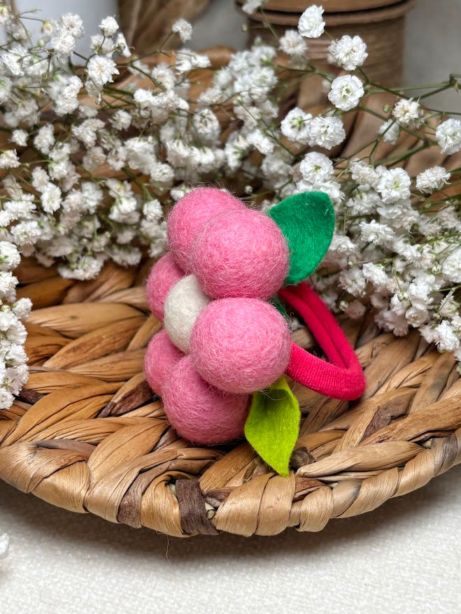 Handmade Wool Ball Flower Hair Scrunchie - Dust Pink