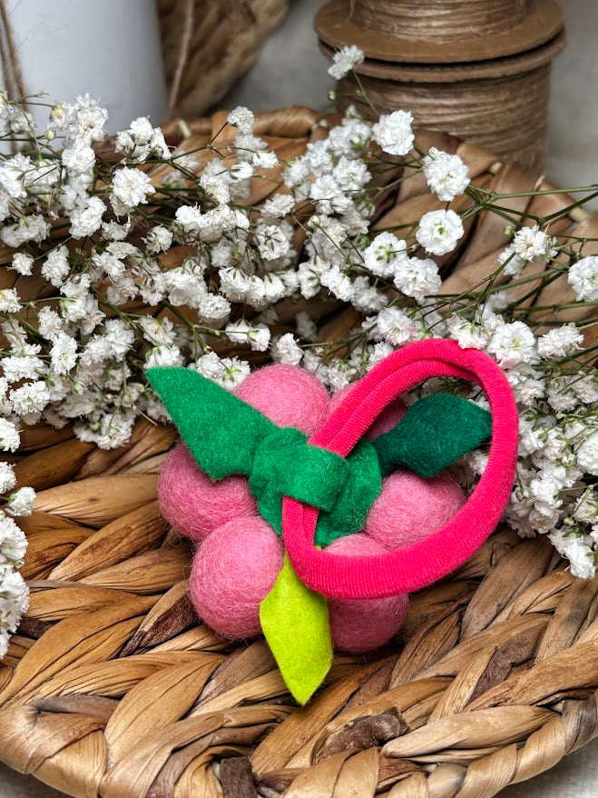 Handmade Wool Ball Flower Hair Scrunchie - Dust Pink