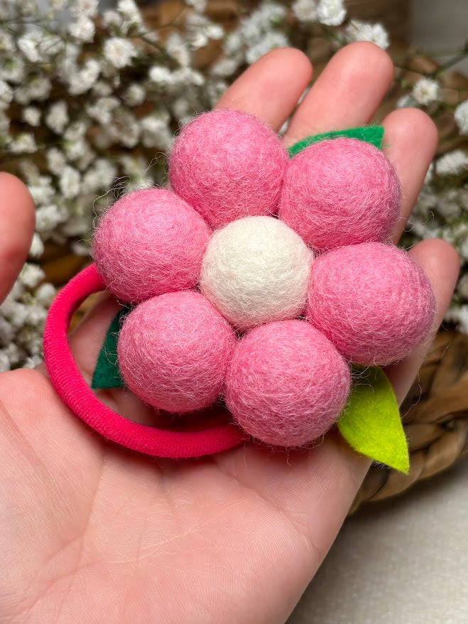 Handmade Wool Ball Flower Hair Scrunchie - Dust Pink