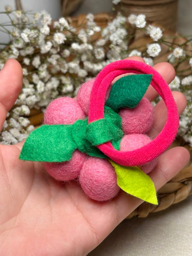 Handmade Wool Ball Flower Hair Scrunchie - Dust Pink