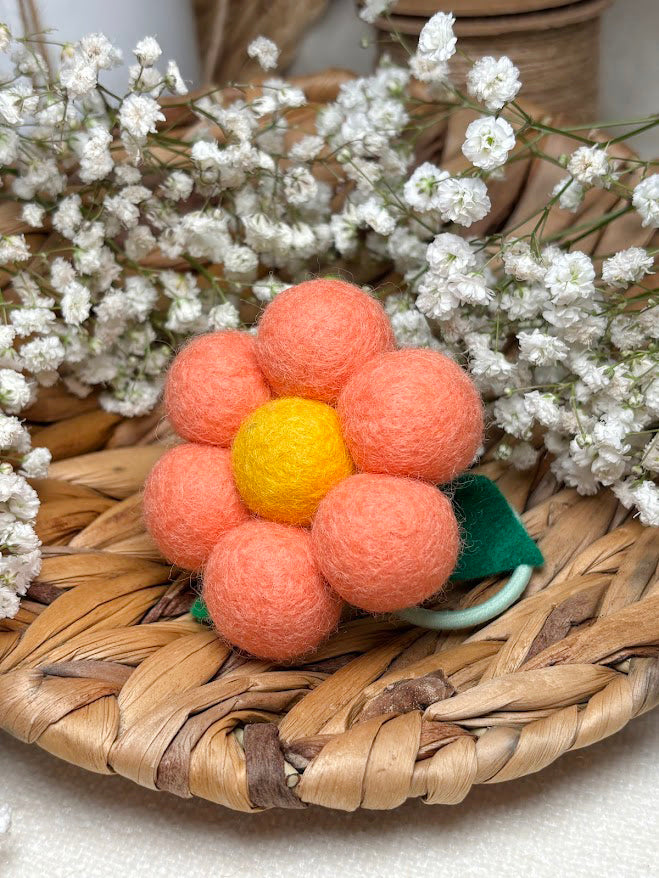 Handmade Wool Ball Flower Hair Scrunchie - Peach