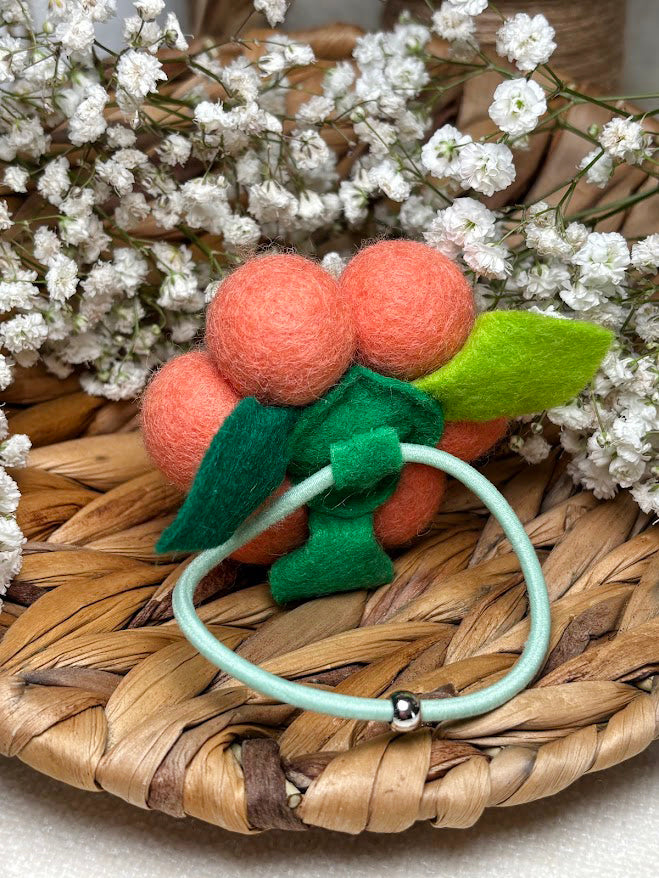 Handmade Wool Ball Flower Hair Scrunchie - Peach