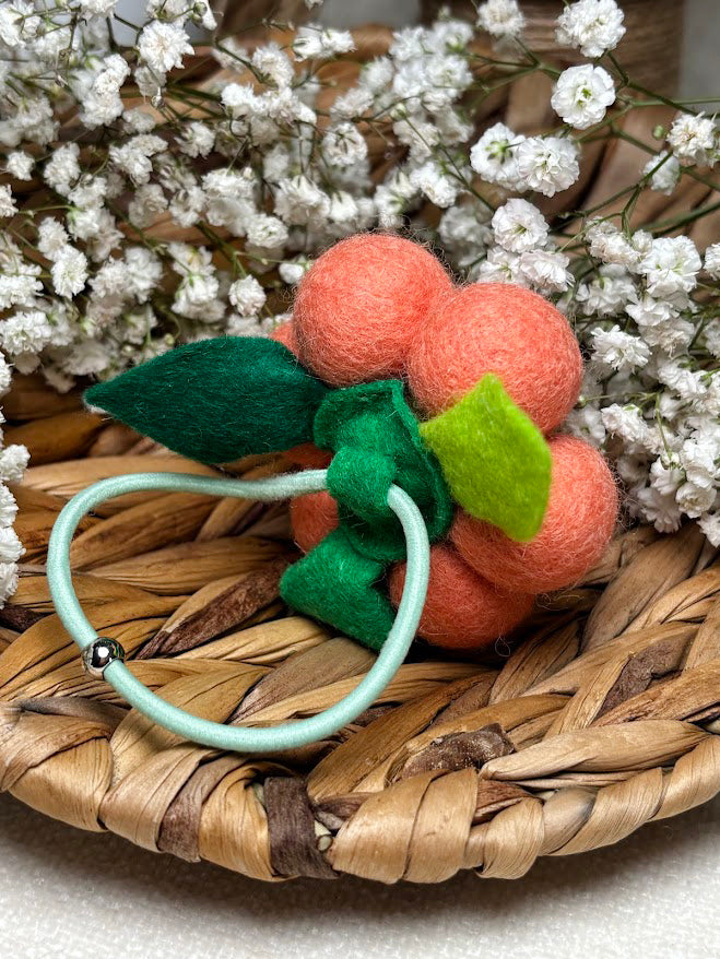 Handmade Wool Ball Flower Hair Scrunchie - Peach