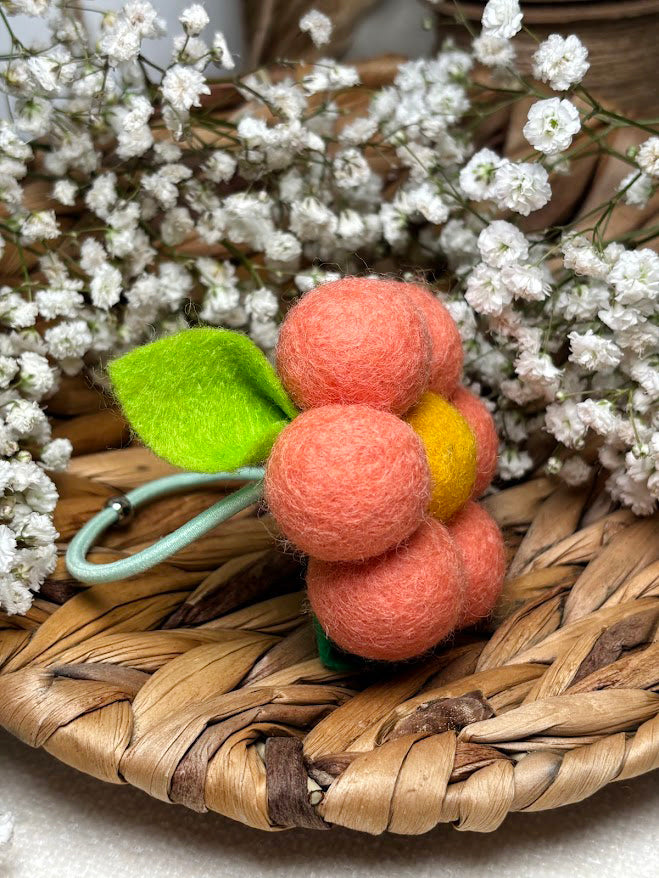 Handmade Wool Ball Flower Hair Scrunchie - Peach