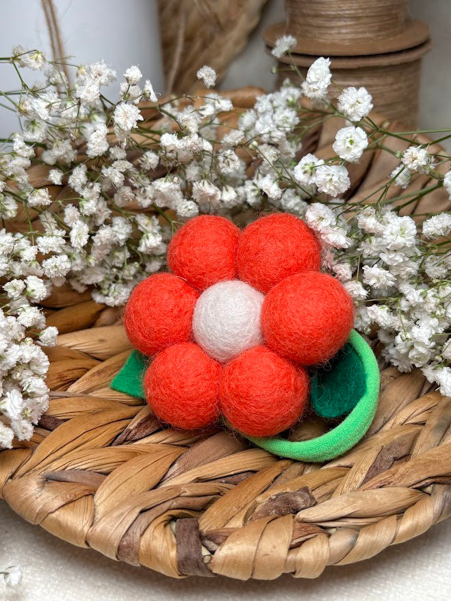 Handmade Wool Ball Flower Hair Scrunchie - Orange