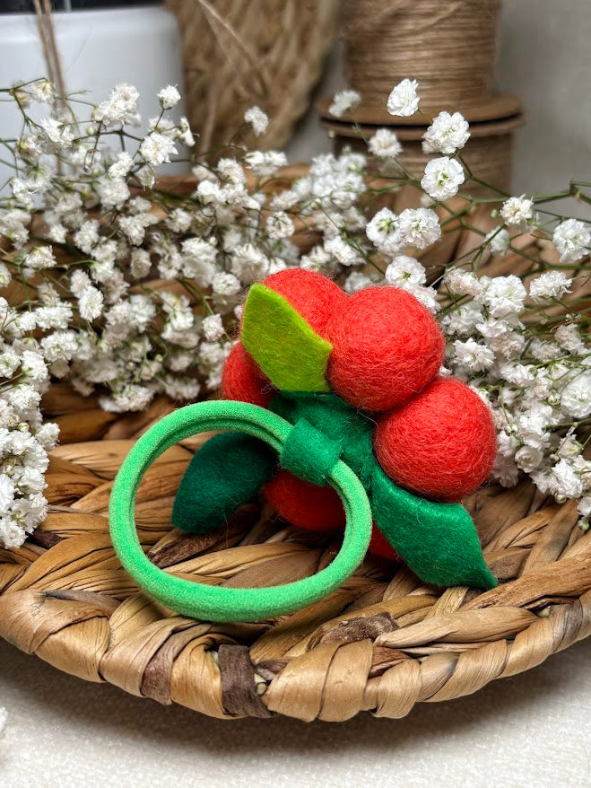 Handmade Wool Ball Flower Hair Scrunchie - Orange