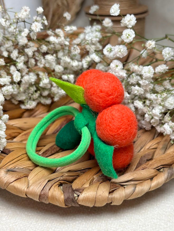 Handmade Wool Ball Flower Hair Scrunchie - Orange