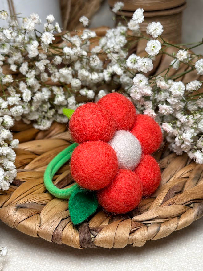 Handmade Wool Ball Flower Hair Scrunchie - Orange