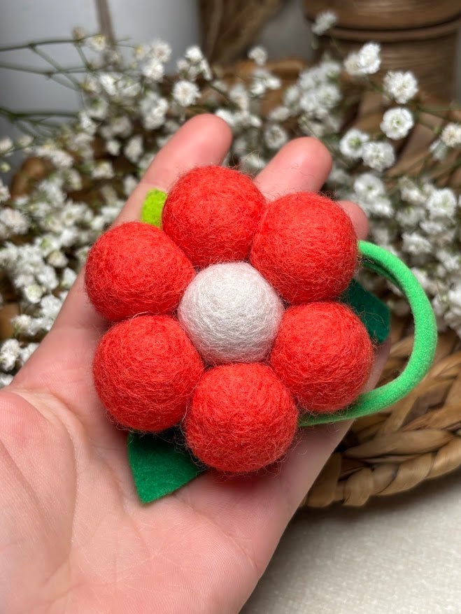 Handmade Wool Ball Flower Hair Scrunchie - Orange