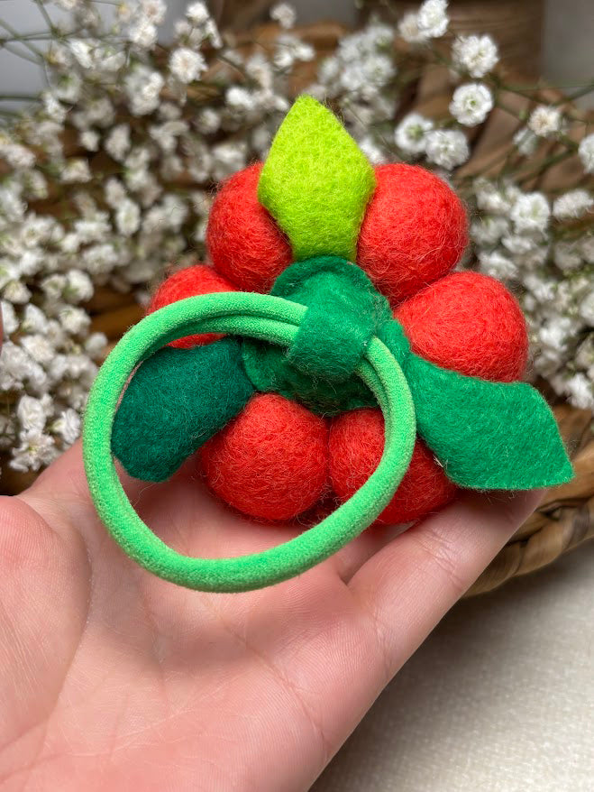 Handmade Wool Ball Flower Hair Scrunchie - Orange