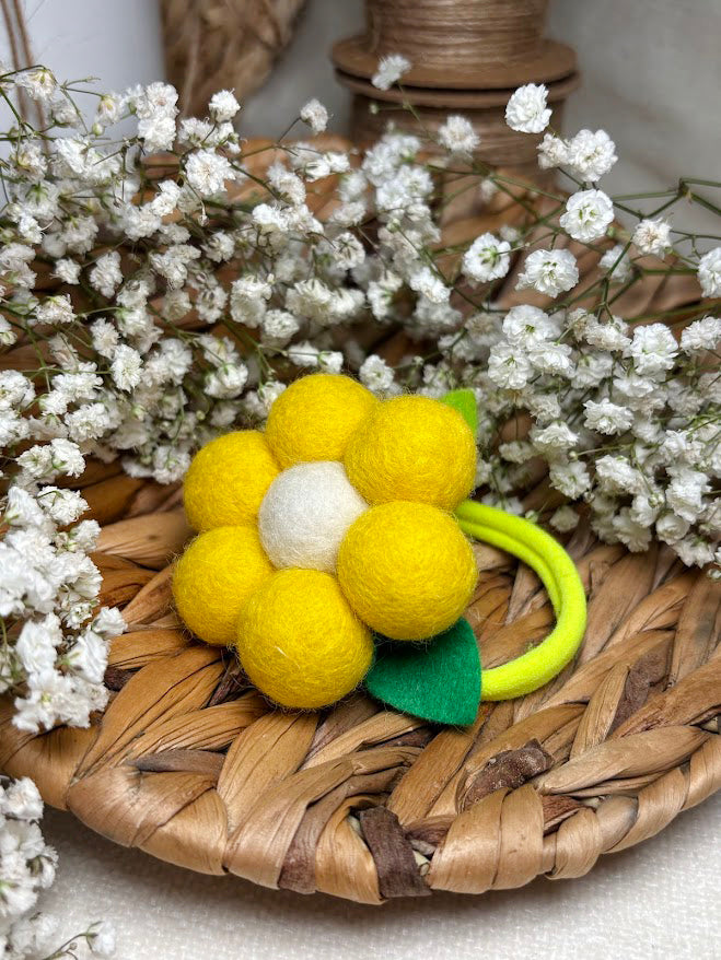 Handmade Wool Ball Flower Hair Scrunchie - Lemon Yellow