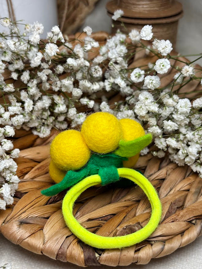 Handmade Wool Ball Flower Hair Scrunchie - Lemon Yellow