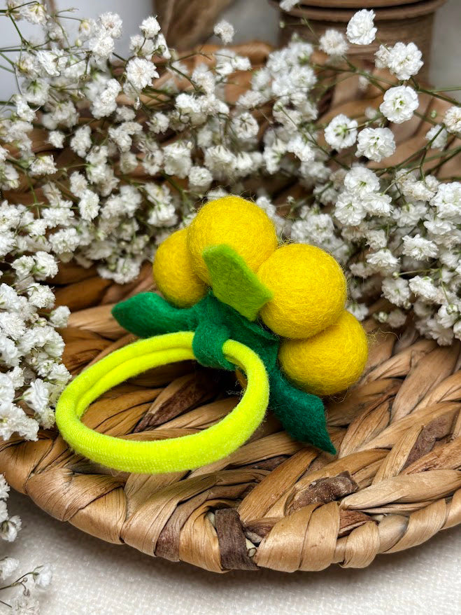 Handmade Wool Ball Flower Hair Scrunchie - Lemon Yellow