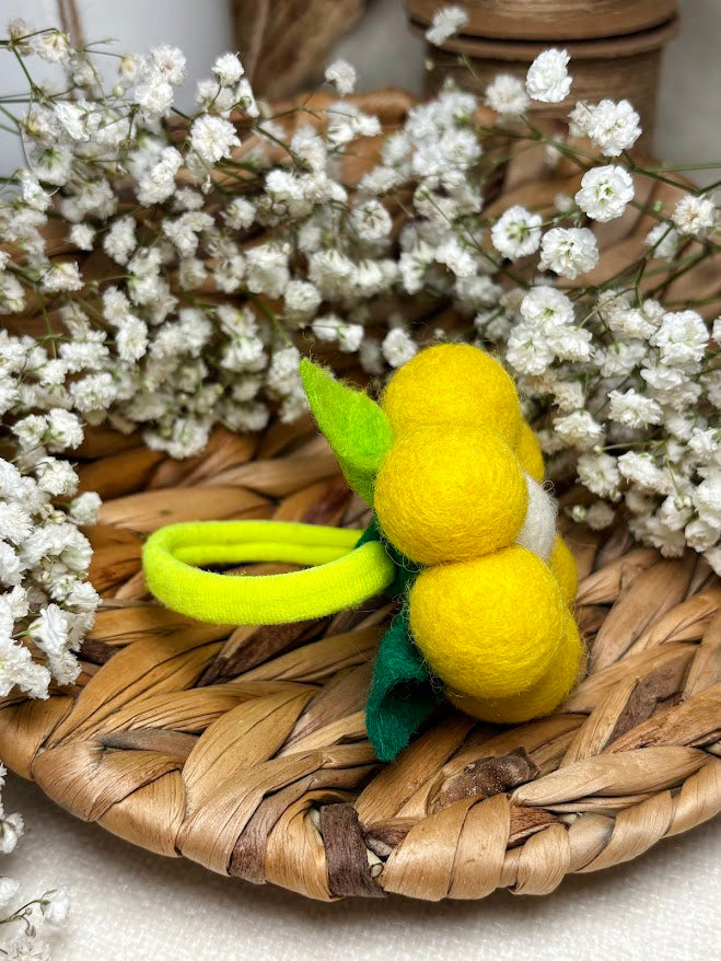 Handmade Wool Ball Flower Hair Scrunchie - Lemon Yellow