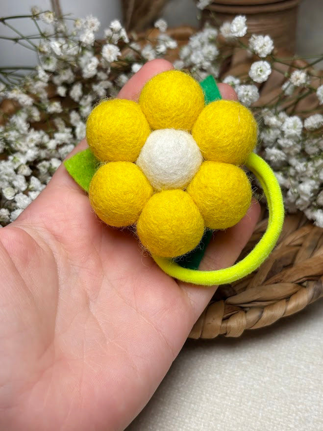 Handmade Wool Ball Flower Hair Scrunchie - Lemon Yellow