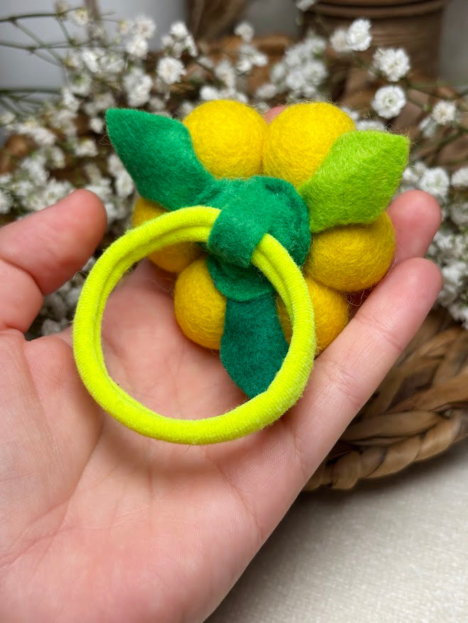 Handmade Wool Ball Flower Hair Scrunchie - Lemon Yellow