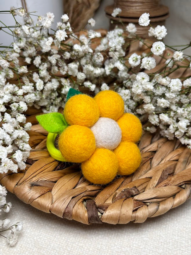 Handmade Wool Ball Flower Hair Scrunchie - Yellow & White