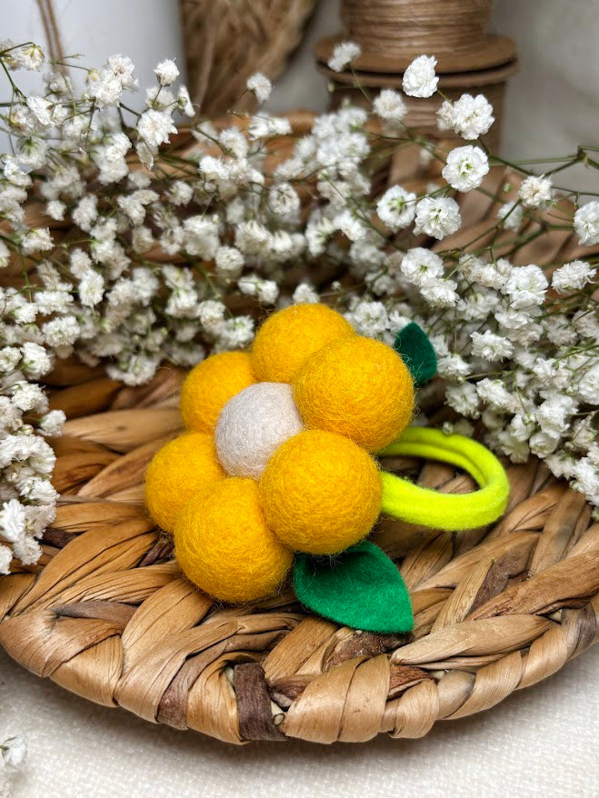 Handmade Wool Ball Flower Hair Scrunchie - Yellow & White