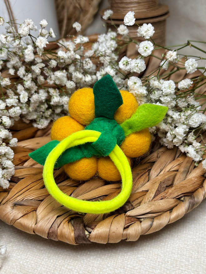 Handmade Wool Ball Flower Hair Scrunchie - Yellow & White