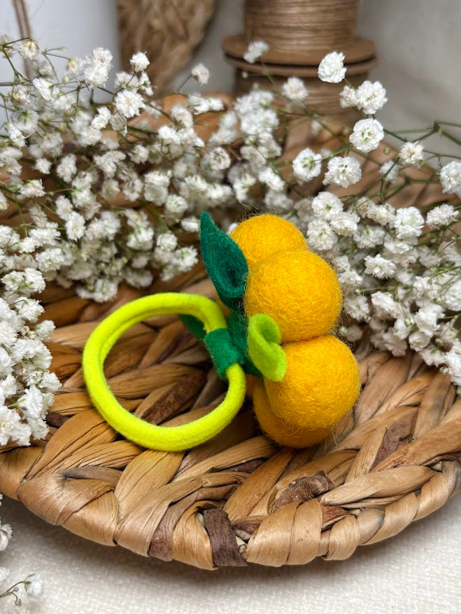 Handmade Wool Ball Flower Hair Scrunchie - Yellow & White