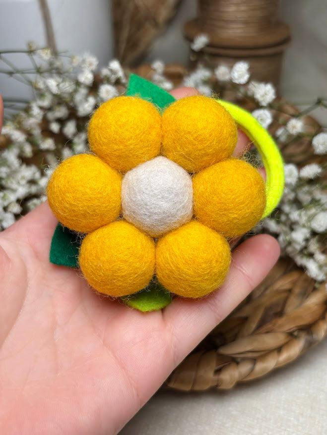 Handmade Wool Ball Flower Hair Scrunchie - Yellow & White