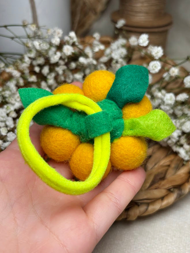 Handmade Wool Ball Flower Hair Scrunchie - Yellow & White